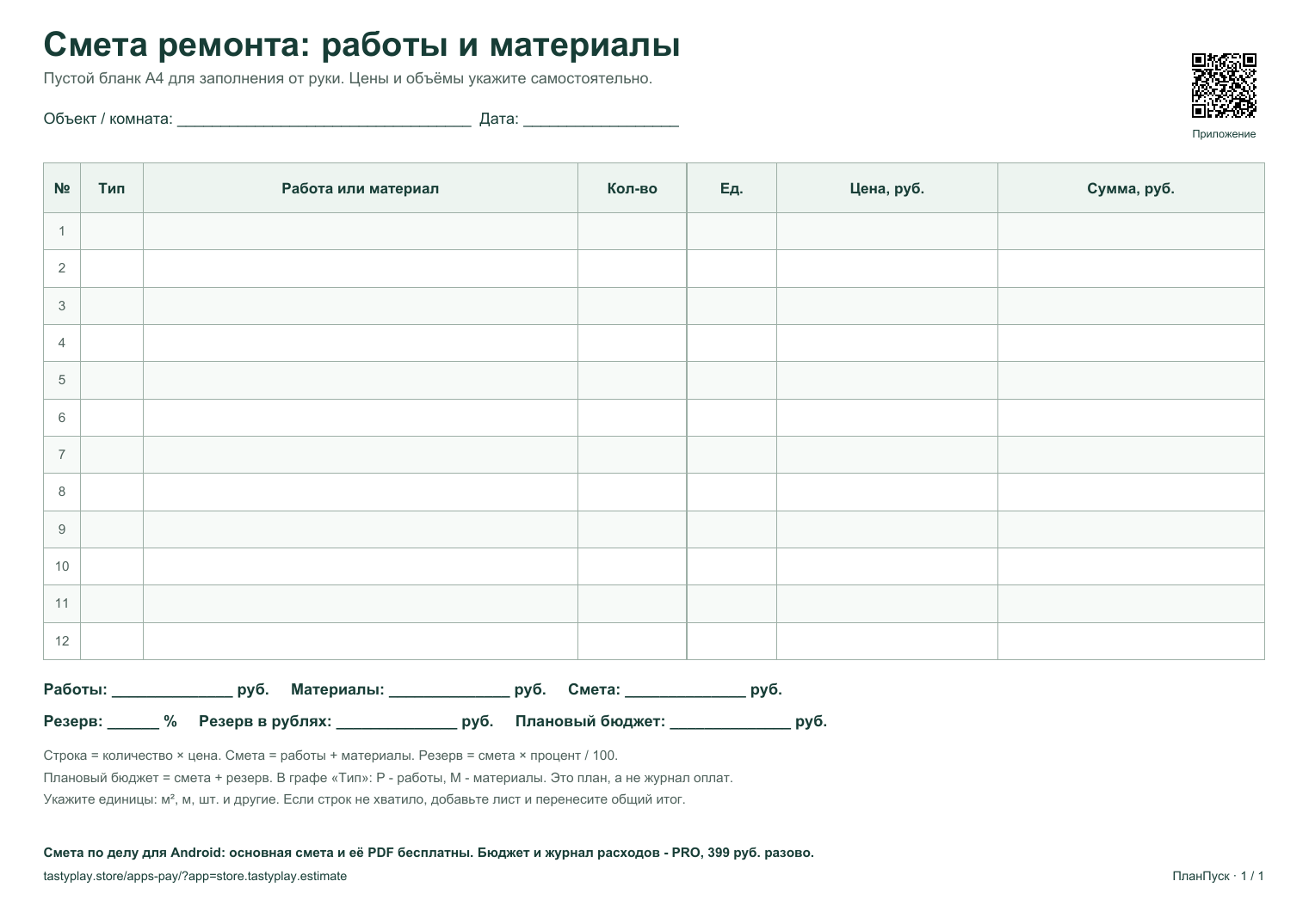 Пустая смета: 12 строк работ и материалов, отдельные итоги, денежный резерв и плановый бюджет